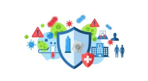 Clean flat infographic-style illustration, concept of sexually transmitted infections (STIs) prevention