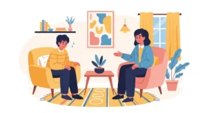 Flat modern illustration of a young person feeling nervous but supported