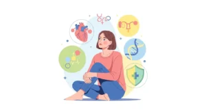 Modern flat illustration, young thoughtful woman sitting calmly with abstract medical icons