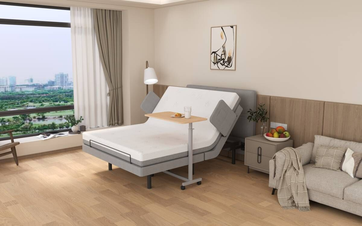 Adjustable bed base and memory foam mattress in zero-gravity position with wireless remote and under-bed lighting for pressure relief