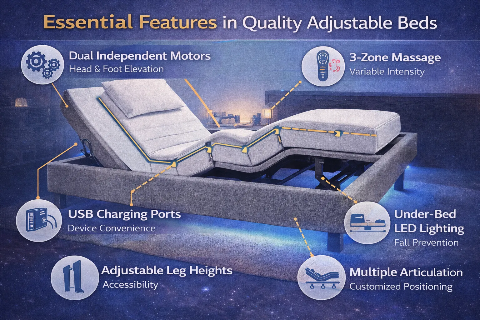 Adjustable bed labeled diagram showing key components including independent head and foot motors, three-zone massage areas, USB charging ports, under-bed LED lighting, remote control position, adjustable leg heights, and articulation points