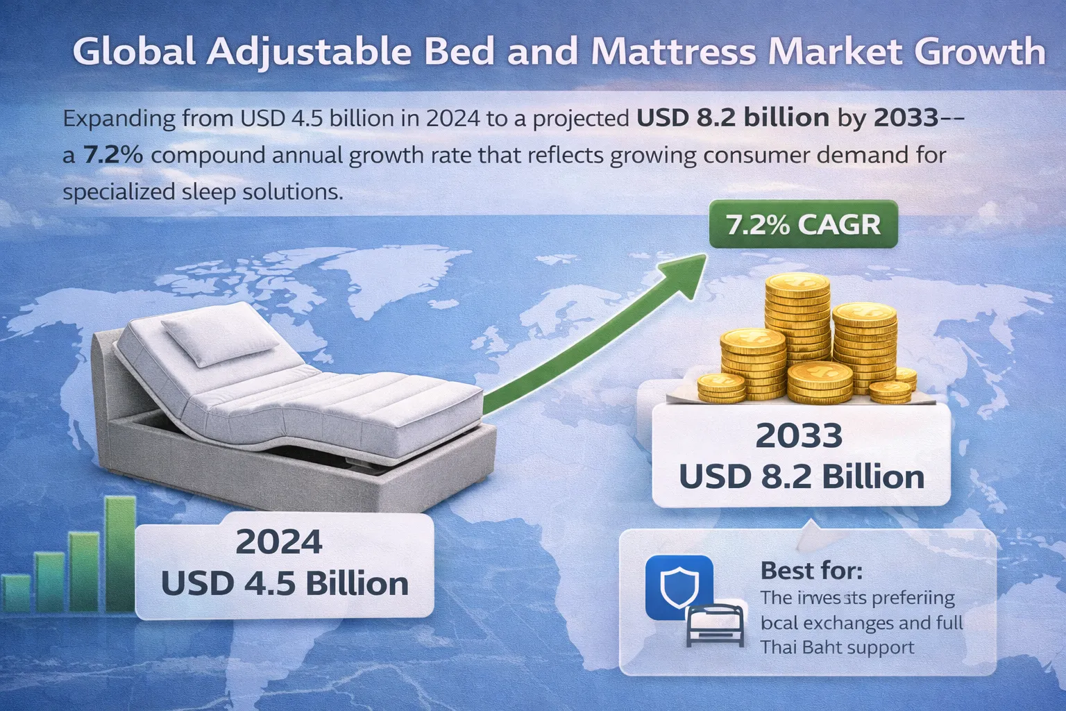 Market growth chart showing adjustable bed industry expansion from USD 4.5 billion in 2024 to USD 8.2 billion by 2033, representing 7.2% compound annual growth rate over nine-year period