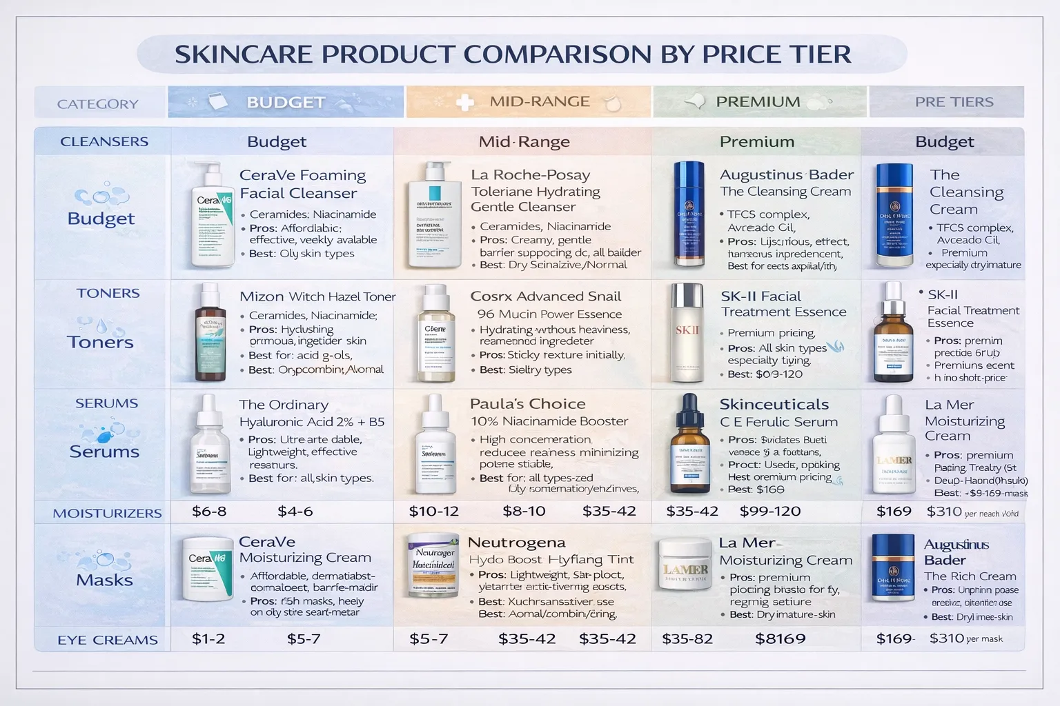 Best skincare products comparison chart showing budget mid-range premium options for cleansers toners serums moisturizers masks and eye creams with brand recommendations