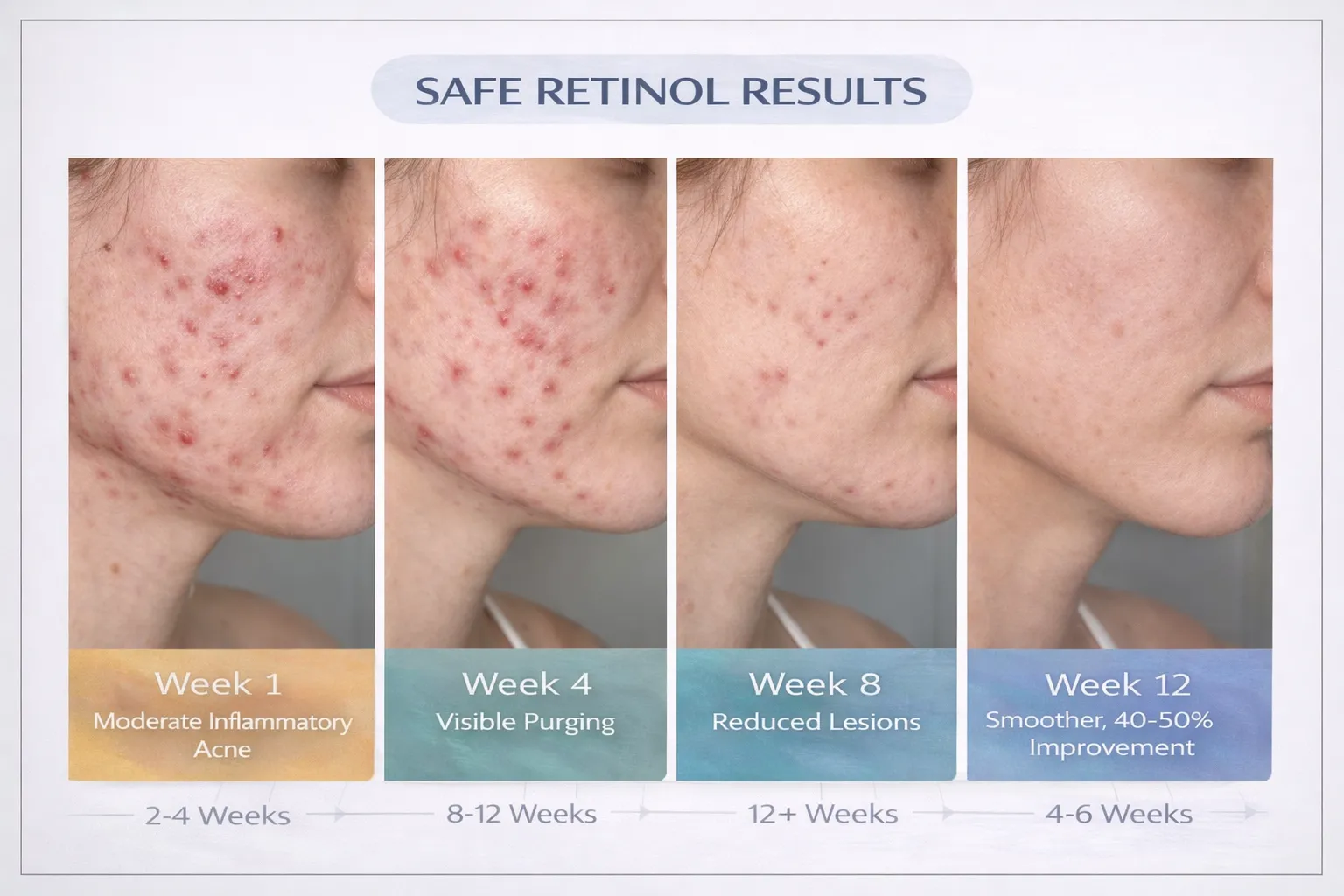 Clear skin progression showing retinol treatment results for acne over 12 weeks, demonstrating safe and effective acne reduction with proper application