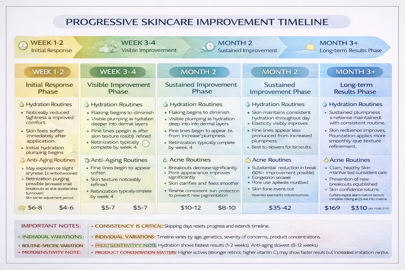 Skincare results timeline showing expected improvements from week 1 through month 3 for different routines: hydration anti-aging acne treatment dark spots correction