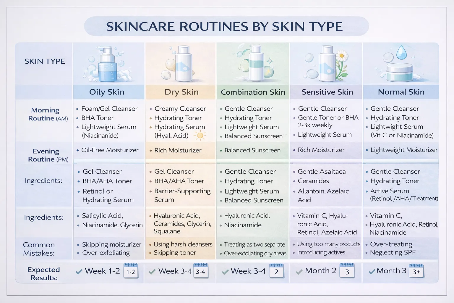 Comparison table of skincare routines by skin type: oily skin, dry skin, combination skin, sensitive skin, and normal skin with morning and evening routines