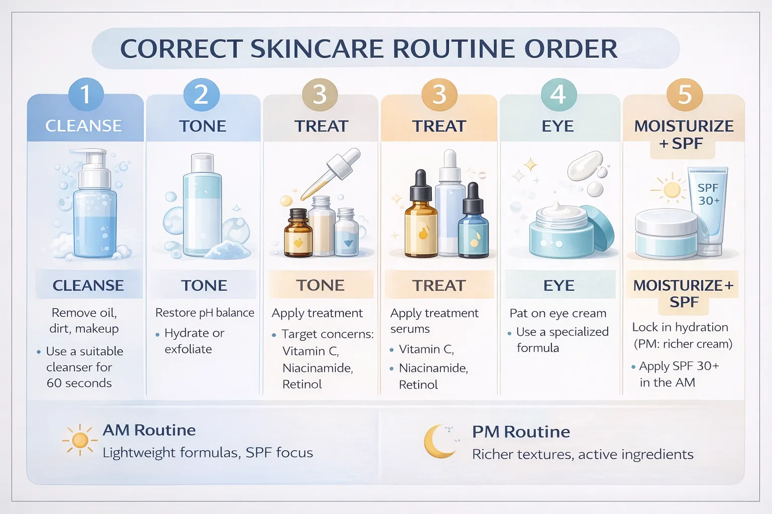 Skincare routine order diagram showing 5-step framework cleanse tone treat eye moisturize SPF with morning and evening variations for all skin types