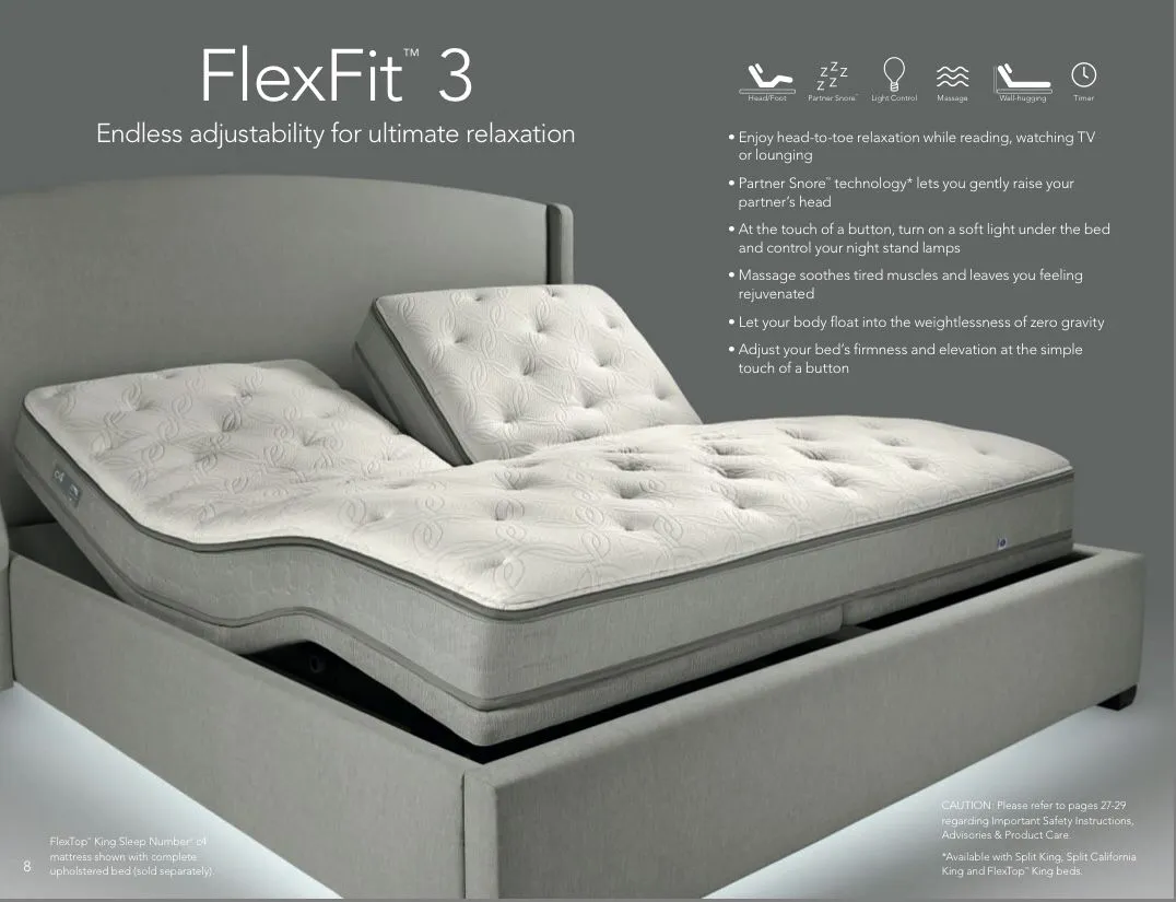 Sleep Number FlexFit 3 adjustable base in modern bedroom with smartphone app control visible showing dual zone independent head and foot adjustment for couples with different sleep needs