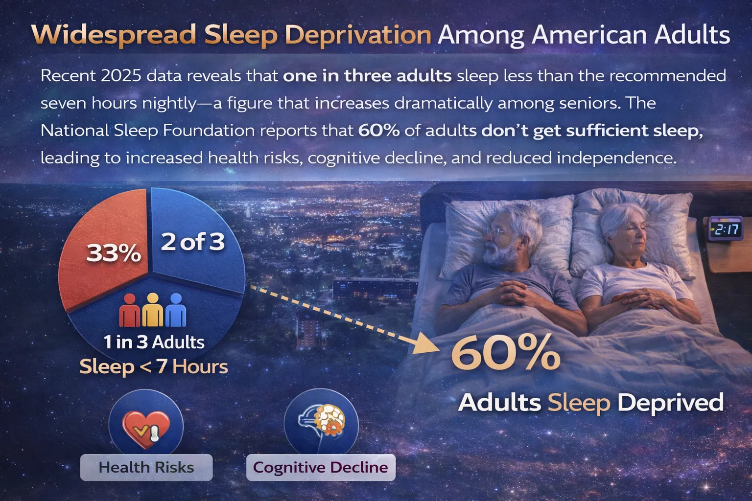 Sleep statistics infographic showing 33% of American adults sleep less than 7 hours nightly, 6 out of 10 adults report insufficient sleep, and sleep problems significantly higher among seniors aged 65 and older