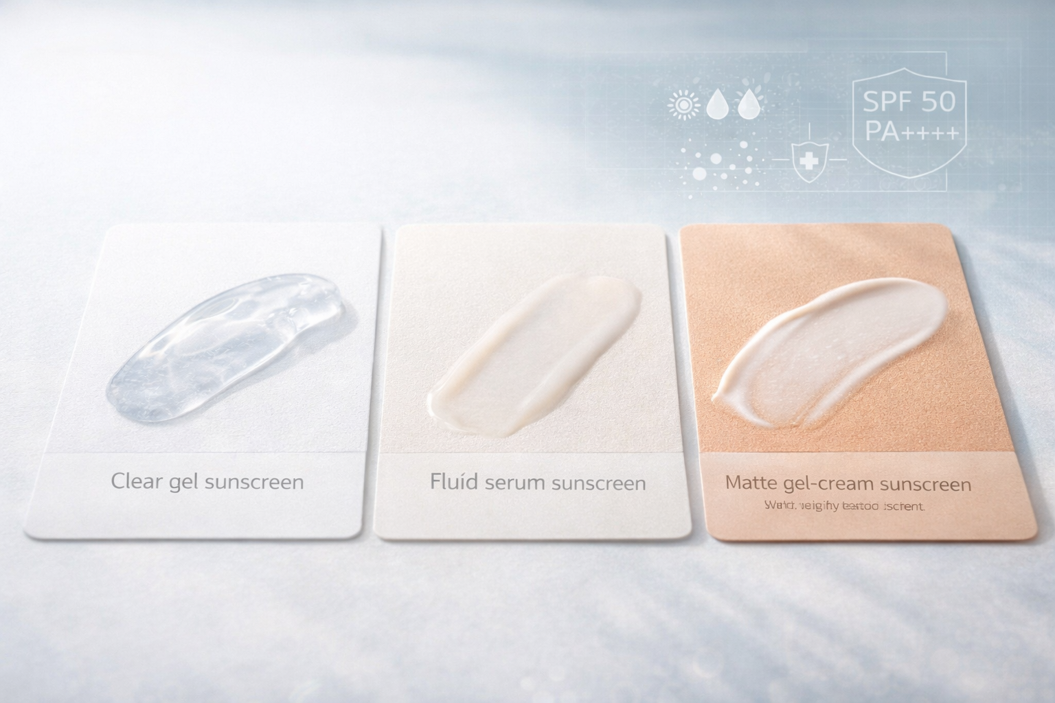 Matte lightweight Thai sunscreen textures for oily skin in humid tropical climate showing gel and serum SPF finishes without shine