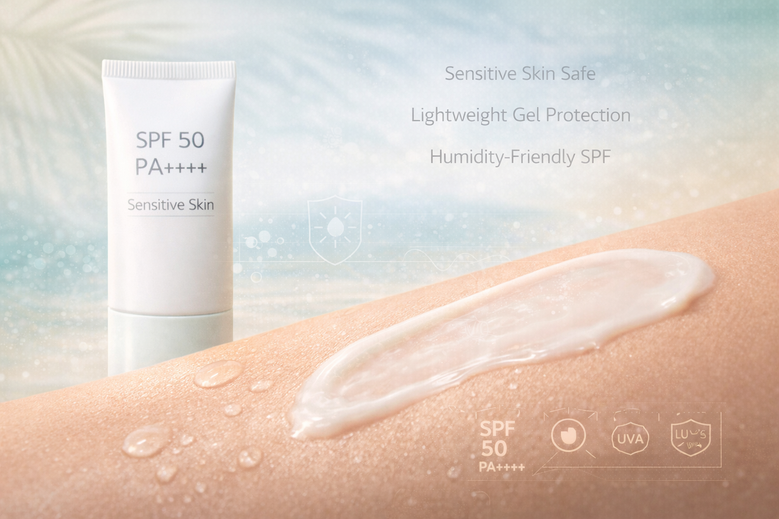 Thai sunscreen for sensitive skin SPF 50 PA++++ lightweight gel sunscreen in humid tropical climate dermatology illustration