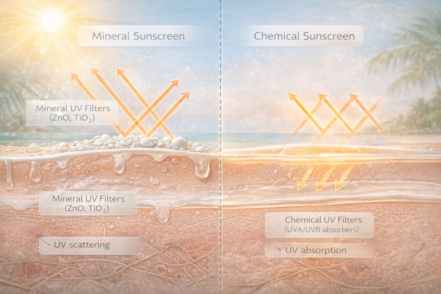 Mineral vs chemical Thai sunscreen comparison showing UV filters and tropical humidity performance