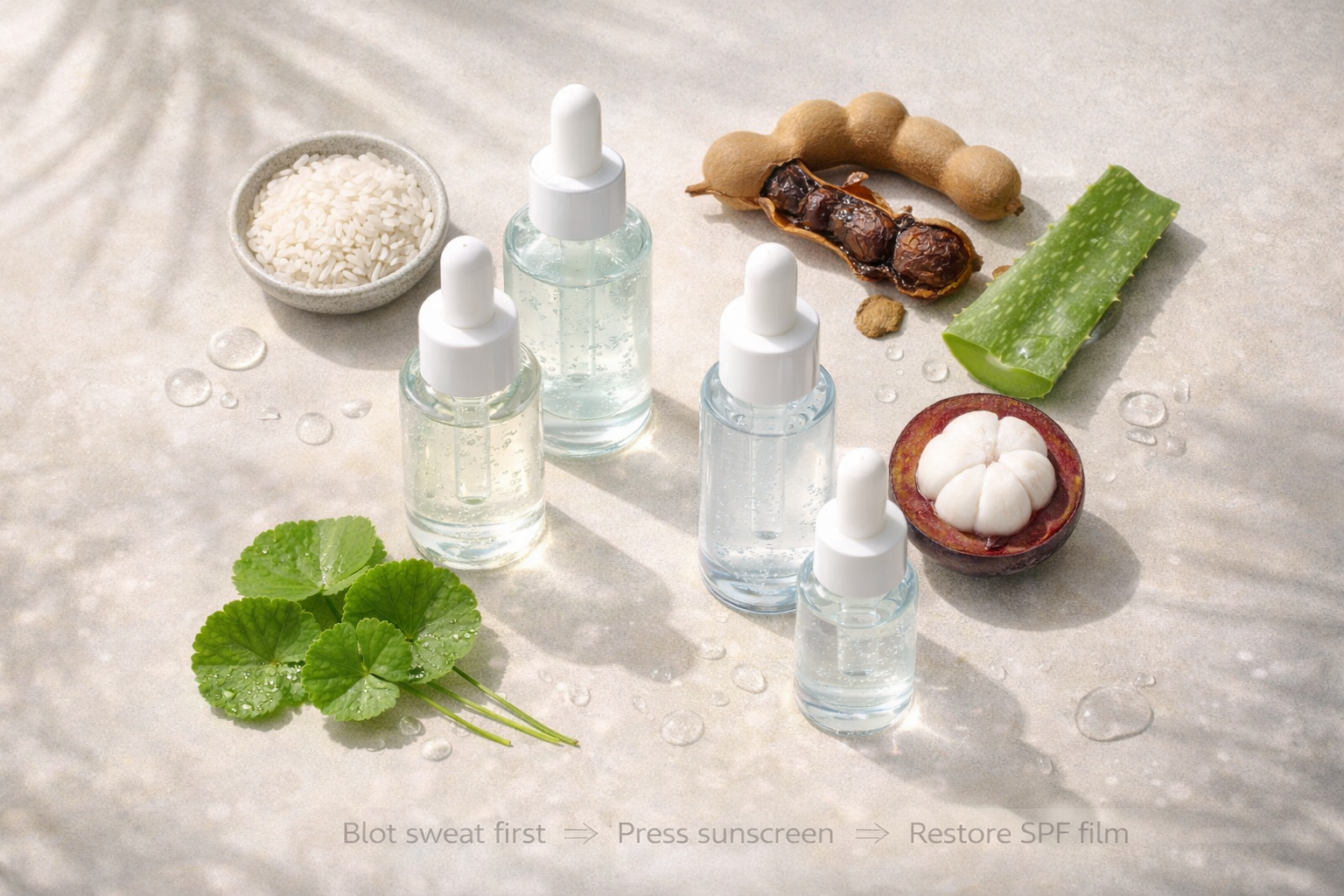 Thai herbal and modern serum ingredients with lightweight gel textures for tropical skincare