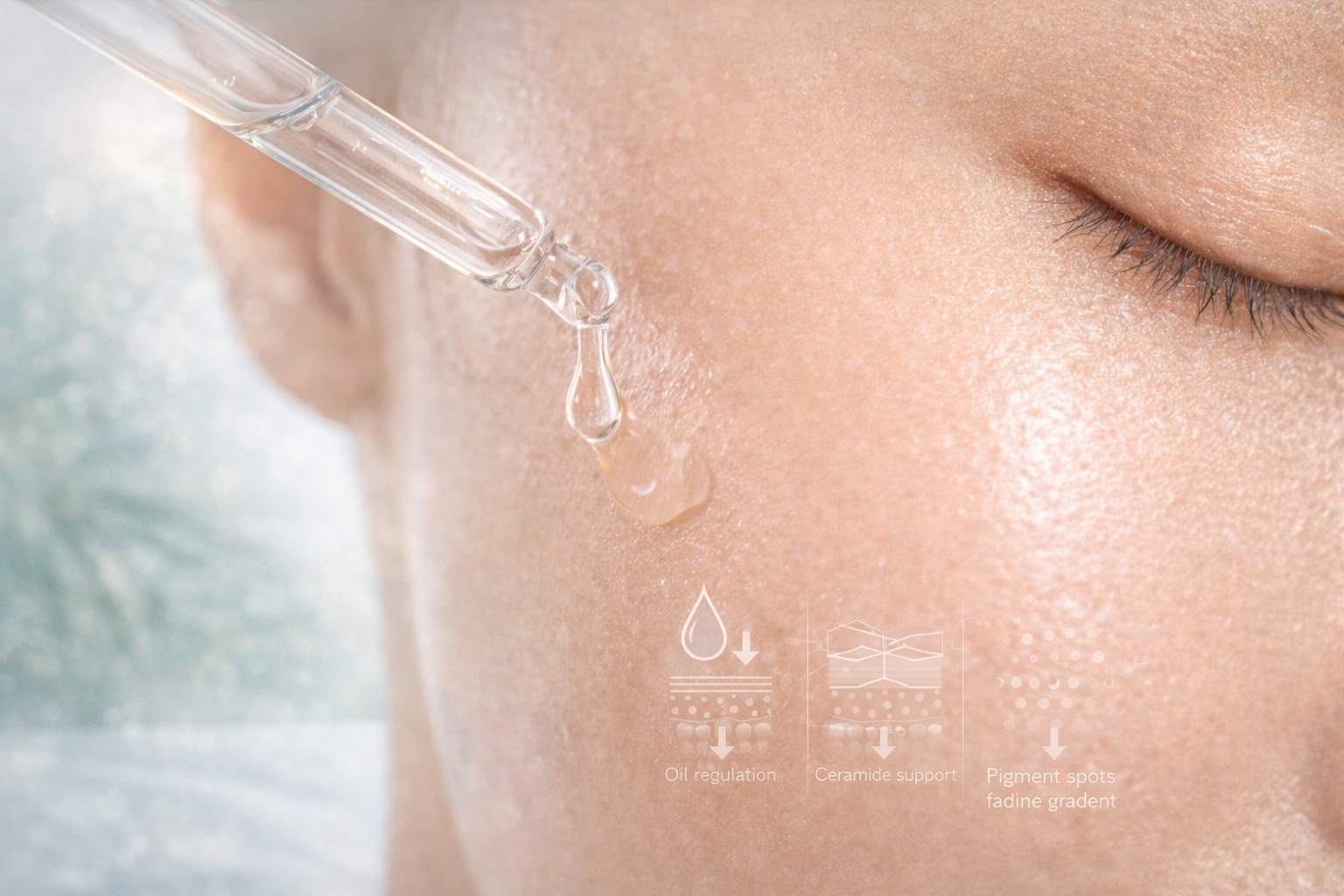 Lightweight Thai vitamin B3 serum texture demonstrating non-sticky hydration and oil-control finish in humid climate skincare