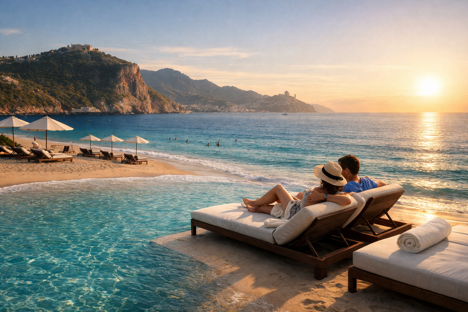 Alanya Türkei Küste mit Kleopatra Strand, türkisfarbenem Meer und Bergen im Hintergrund