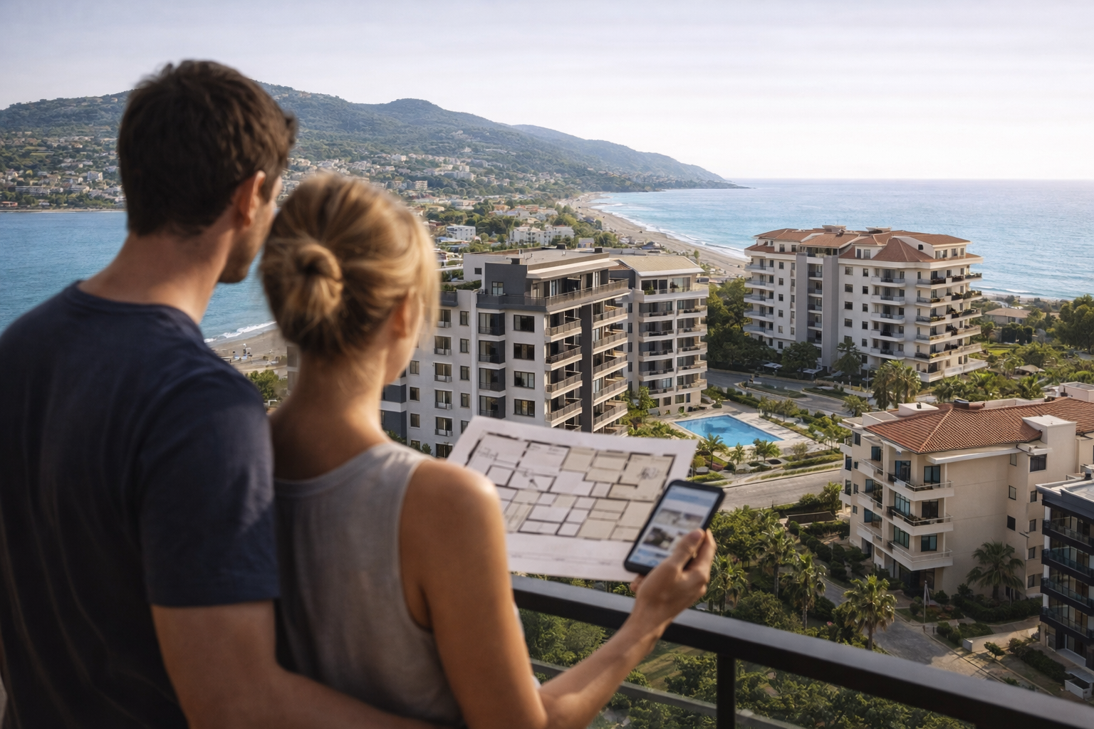 Покупатель выбирает квартиру в Газипаше на фоне современного жилого комплекса у моря в Турции