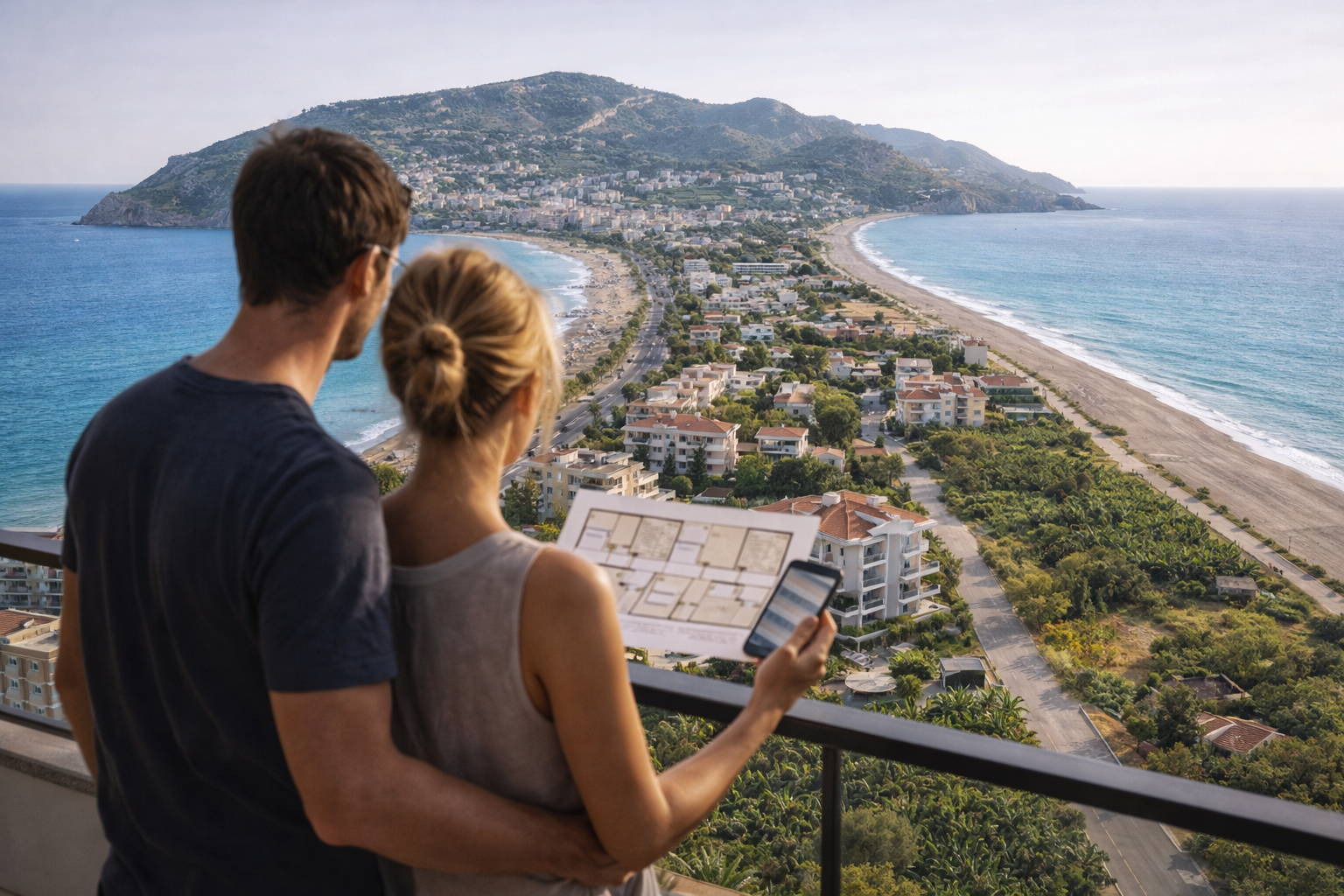 Покупатель изучает недвижимость в Газипаше на фоне моря, жилых комплексов и прибрежной городской среды Турции